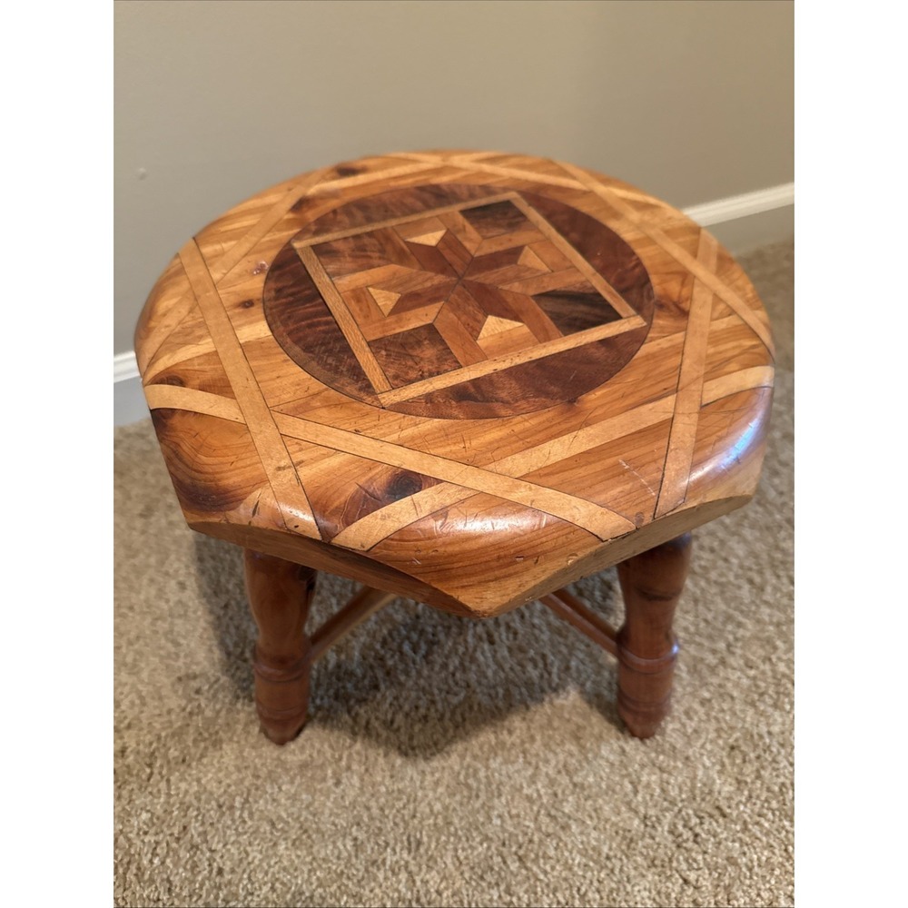 VTG Inlaid Wood Footstool Marquetry Geometric Pattern MCM 10.5" Tall